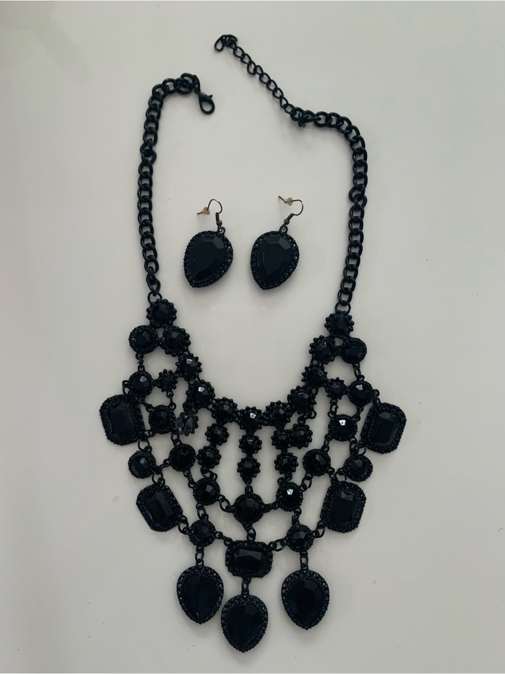 Black Statement Bib Necklace with Matching Earrings